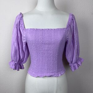 Allison New York Top Womens Extra Small Puff Sleeve Cropped Shirred Smocked